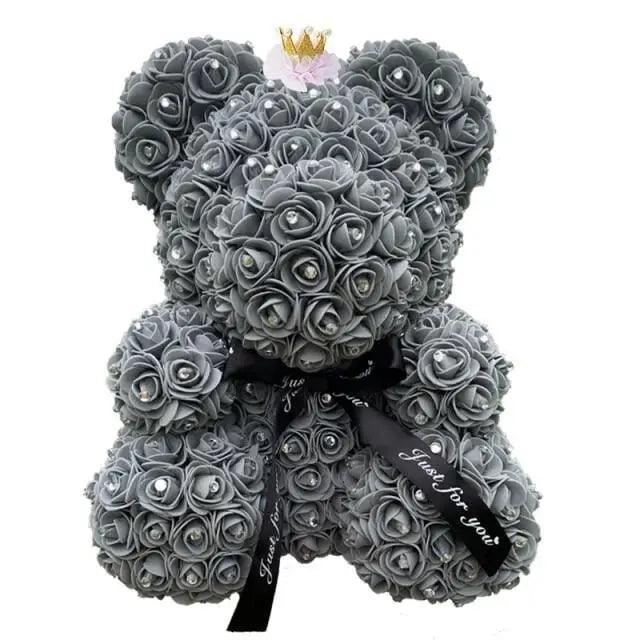 Stevvex gray diamond rose bear covered in roses with crown and black ribbon Just for you on Tampa Home & Garden Store
