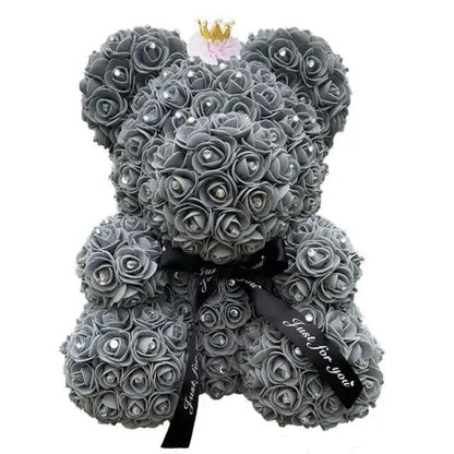 Stevvex gray diamond rose bear covered in roses with crown and black ribbon Just for you on Tampa Home & Garden Store