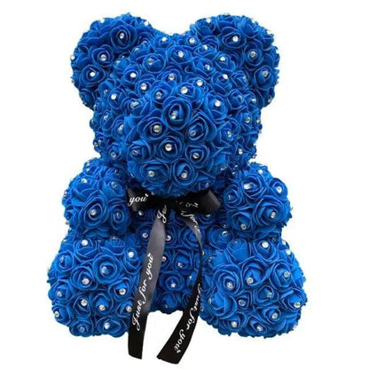 Diamond Rose Bear by Stevvex, 40cm blue artificial rose teddy with pearl centers on Tampa Home & Garden Store