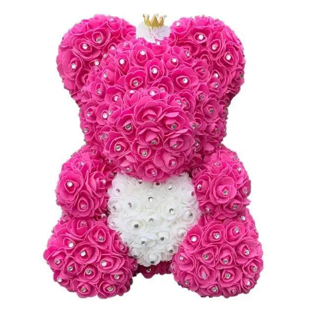 Diamond Rose Bear 40cm pink rose teddy with white heart and rhinestone accents by Stevvex on Tampa Home & Garden Store