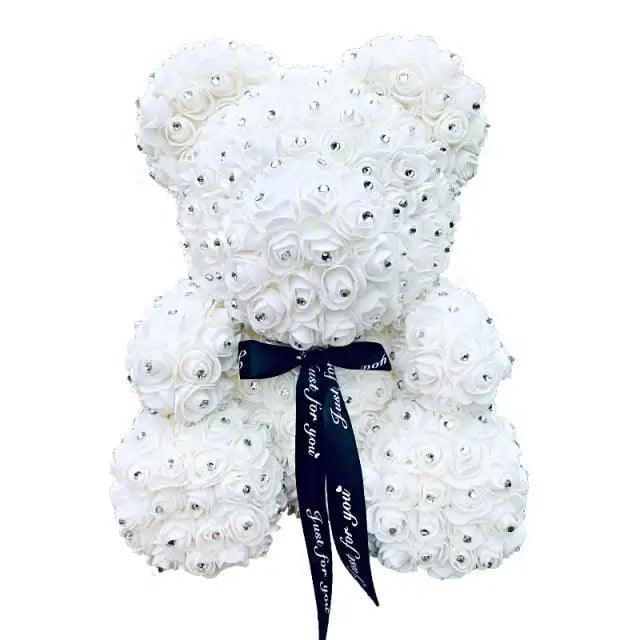 Stevvex white rose teddy bear 40cm artificial roses with navy ribbon on Tampa Home & Garden Store