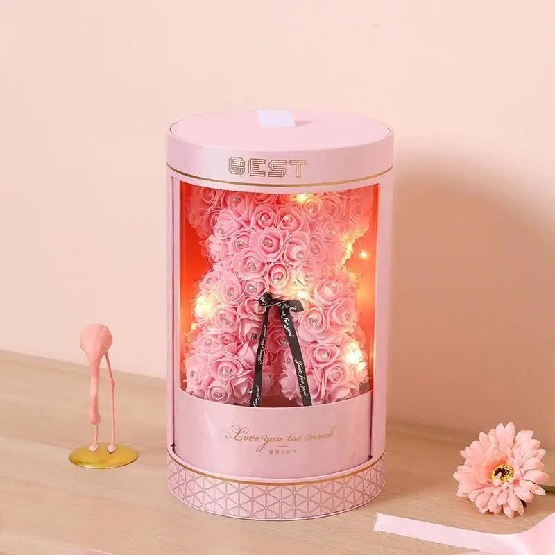 Charming Diamond Rose Bear 40cm pink artificial rose bear in cylinder with lights Stevvex on Tampa Home & Garden Store