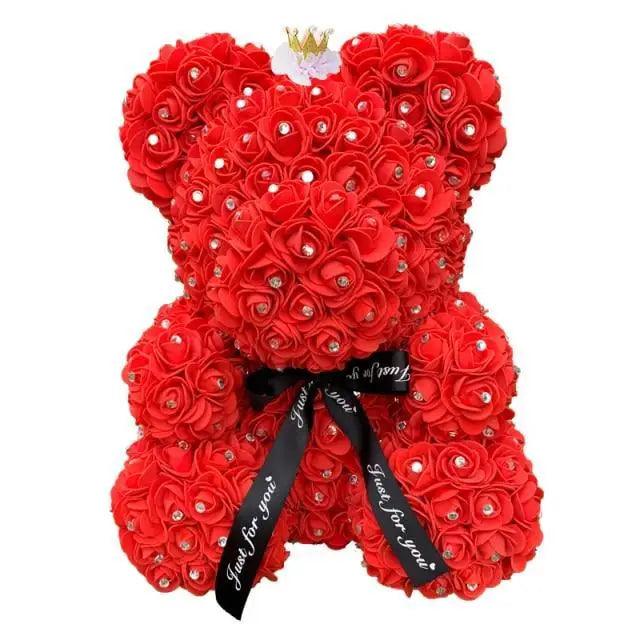 Stevvex Diamond Rose Bear 40cm red artificial flower teddy with rhinestone accents on Tampa Home & Garden Store
