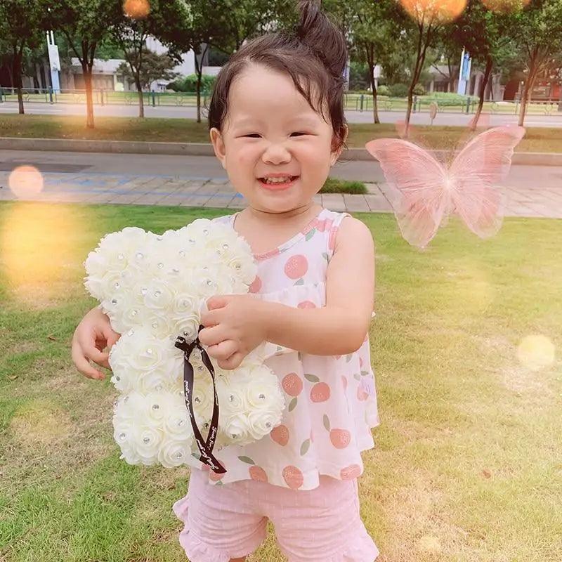 New Charming Diamond Rose Bears artificial flower teddy white bouquet held by smiling child on Tampa Home & Garden Store