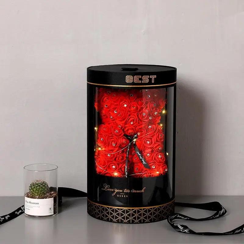 Stevvex Diamond Rose Bears 40cm red artificial roses in black cylindrical gift box on Tampa Home & Garden Store