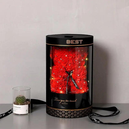 Stevvex Diamond Rose Bears 40cm red artificial roses in black cylindrical gift box on Tampa Home & Garden Store