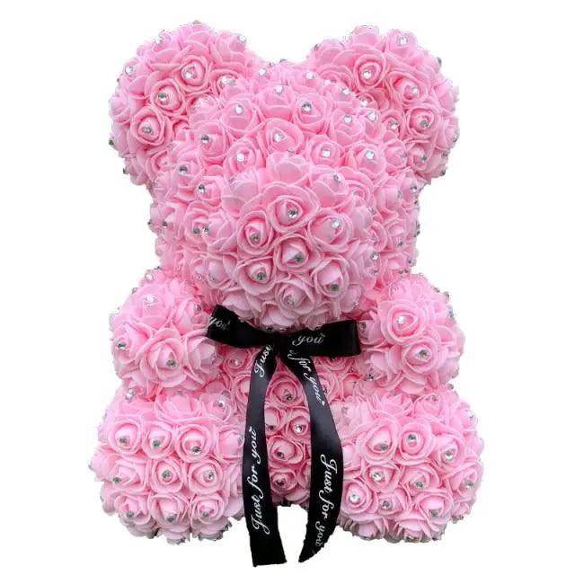 Rose bear teddy 40cm pink artificial roses with rhinestones and black ribbon by Stevvex on Tampa Home & Garden Store