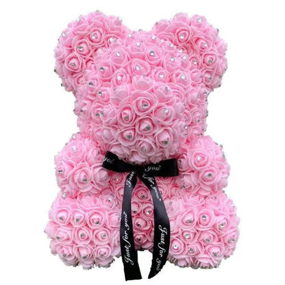 Rose bear teddy 40cm pink artificial roses with rhinestones and black ribbon by Stevvex on Tampa Home & Garden Store