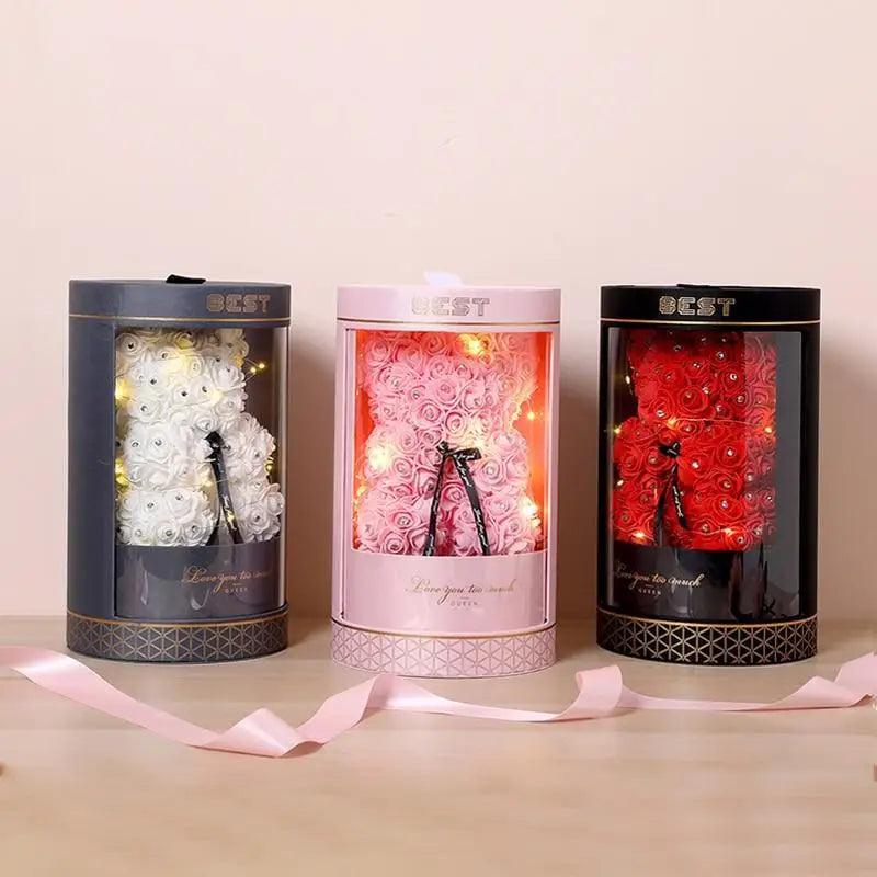 Stevvex Diamond Rose Bear 40cm trio white pink red illuminated bears in cylindrical display boxes on Tampa Home & Garden Store