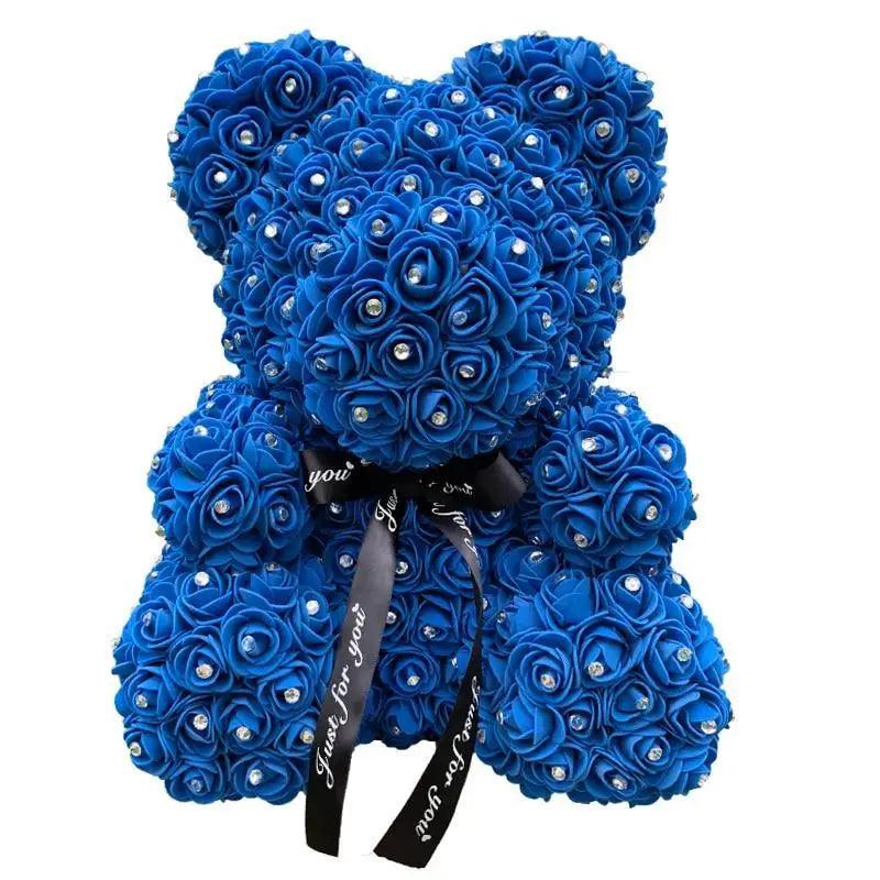 Diamond Rose Bear 40cm by Stevvex, blue artificial rose teddy with rhinestone accents on Tampa Home & Garden Store