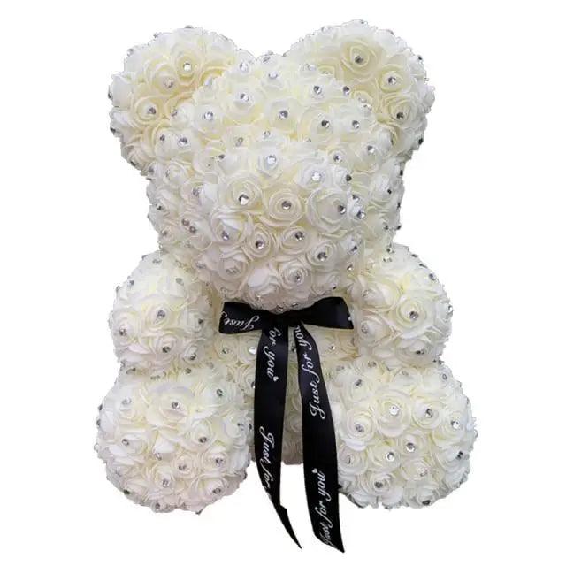 Stevvex Charming Diamond Rose Bear teddy, 40cm white artificial roses with black ribbon bow on Tampa Home & Garden Store