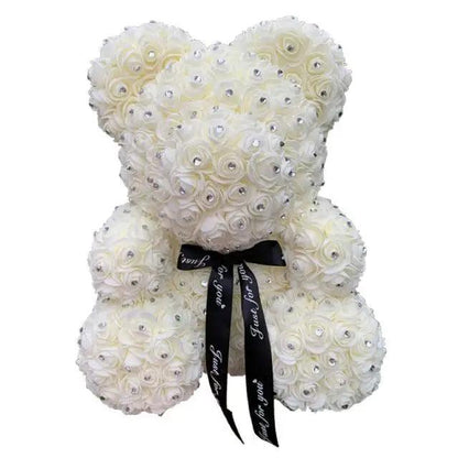 Stevvex Charming Diamond Rose Bear teddy, 40cm white artificial roses with black ribbon bow on Tampa Home & Garden Store