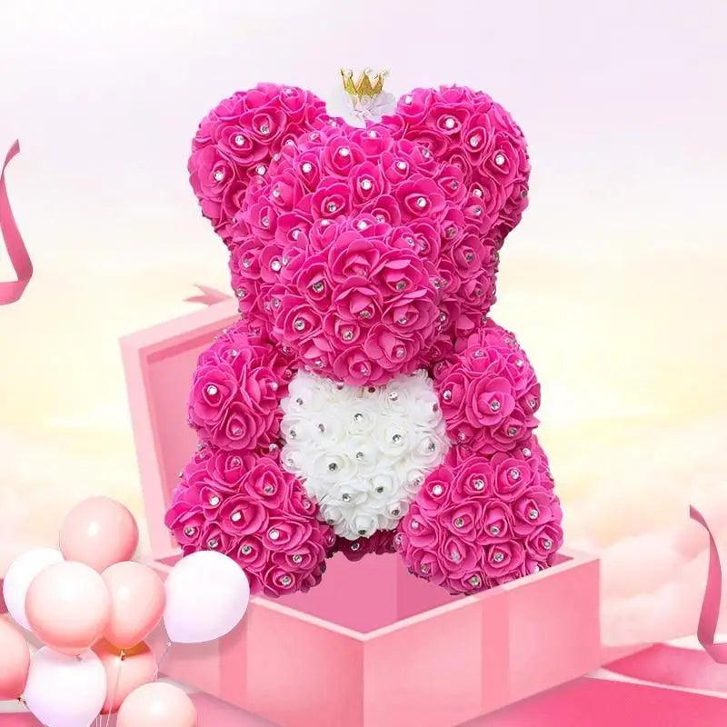 Stevvex Diamond Rose Bear 40cm pink artificial rose teddy with white heart in pink gift box on Tampa Home & Garden Store