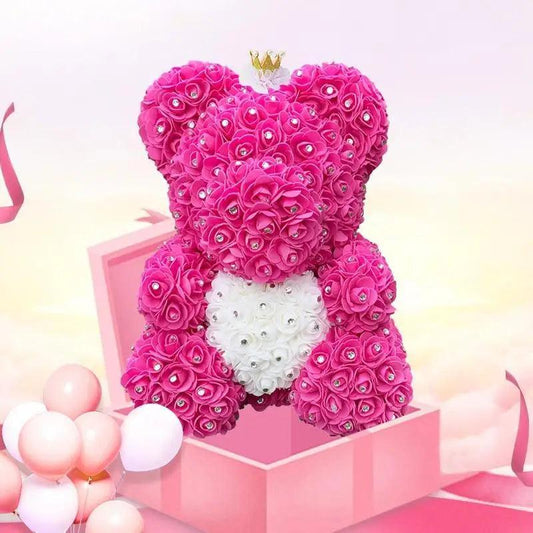 Stevvex Diamond Rose Bear 40cm pink artificial rose teddy with white heart in pink gift box on Tampa Home & Garden Store