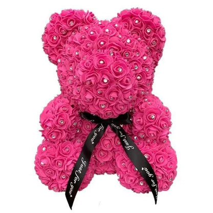 Stevvex pink diamond rose bear teddy, 40cm artificial rose with rhinestone centers and black bow on Tampa Home & Garden Store