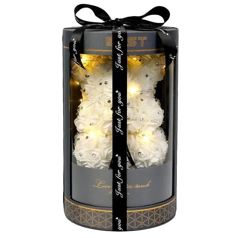 40cm white diamond rose bears in a black cylindrical gift box with window and LED lights on Tampa Home & Garden Store