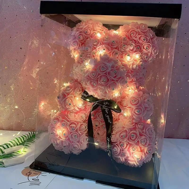 Stevvex 40cm pink diamond rose bear artificial flower teddy with LED lights in clear display box on Tampa Home & Garden Store
