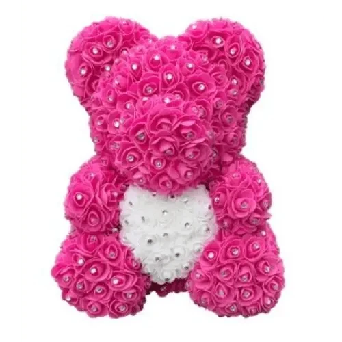 Stevvex pink diamond rose teddy bear 40cm with white heart chest, artificial flower bear on Tampa Home & Garden Store