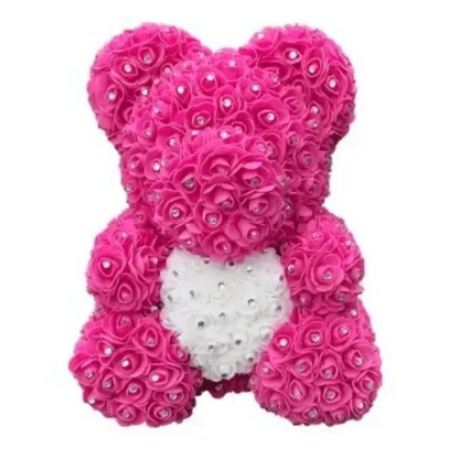 Stevvex pink diamond rose teddy bear 40cm with white heart chest, artificial flower bear on Tampa Home & Garden Store
