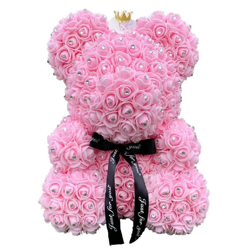 Diamond rose bear teddy pink with crystal centers and black ribbon bow Stevvex on Tampa Home & Garden Store