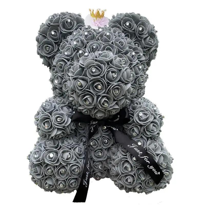 Stevvex Diamond Rose Bear, 40cm gray artificial rose teddy with black bow on Tampa Home & Garden Store