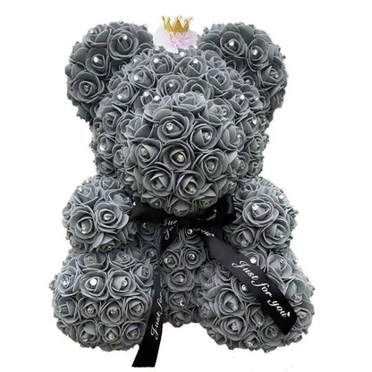 Stevvex Diamond Rose Bear, 40cm gray artificial rose teddy with black bow on Tampa Home & Garden Store