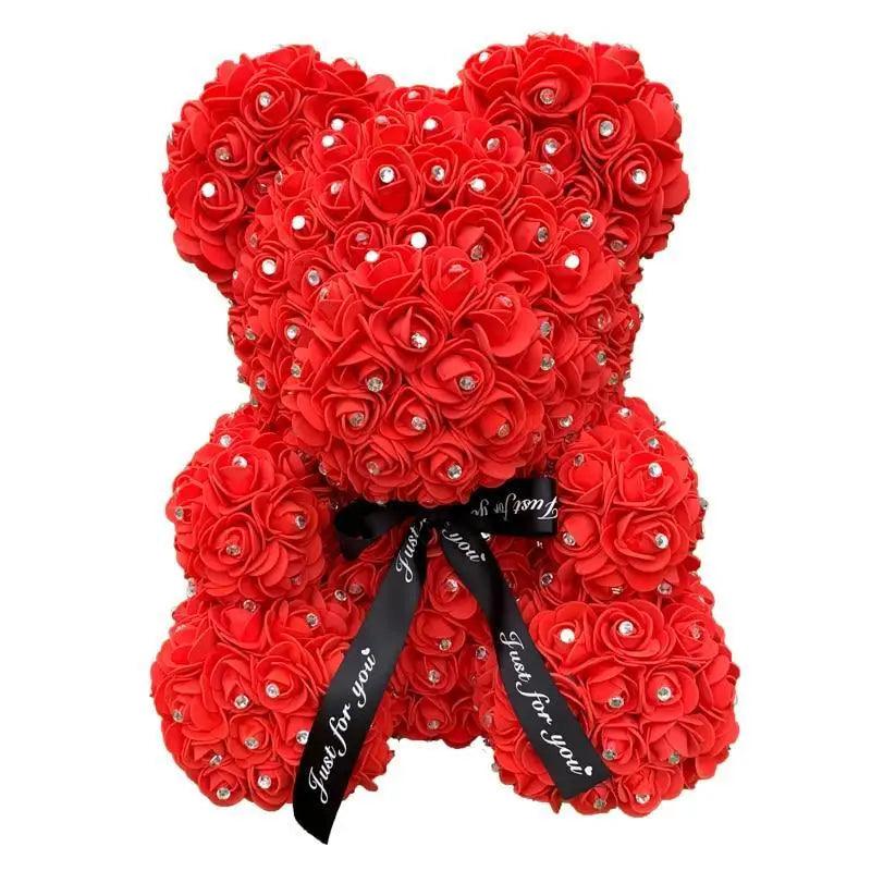 Stevvex 40cm red diamond rose bear teddy with crystal centers and black ribbon bow on Tampa Home & Garden Store