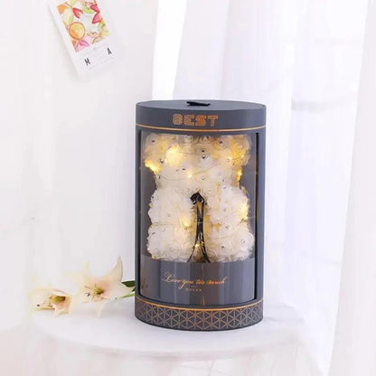 Stevvex Diamond Rose Bear 40cm artificial flower teddy in a display cylinder with warm lights on Tampa Home & Garden Store