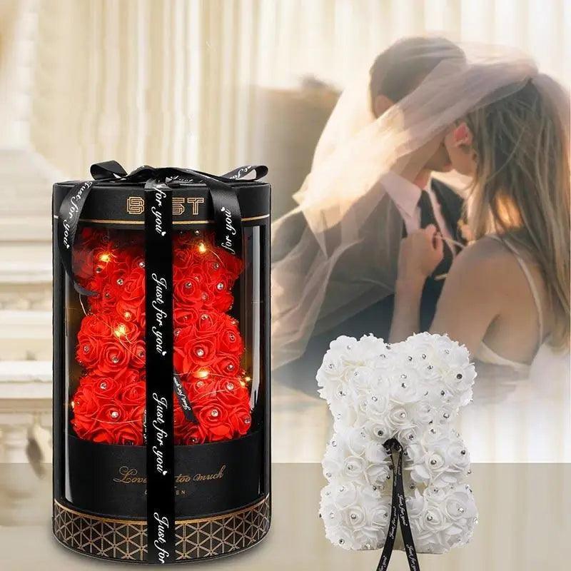 Stevvex Diamond Rose Bears 40cm red rose in black gift box with ribbon; white rose bear outside on Tampa Home & Garden Store