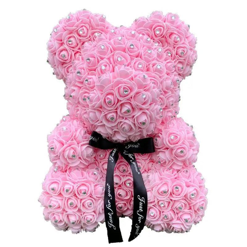 Stevvex 40cm pink diamond rose bear, artificial flower teddy with rhinestone accents on Tampa Home & Garden Store