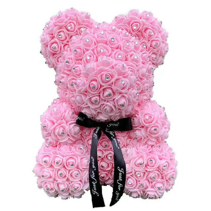Stevvex 40cm pink diamond rose bear, artificial flower teddy with rhinestone accents on Tampa Home & Garden Store
