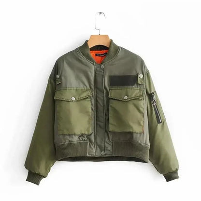 Bomber jacket Stevvex for women in green with front flap pockets and zip sleeve pocket on Tampa Home & Garden Store
