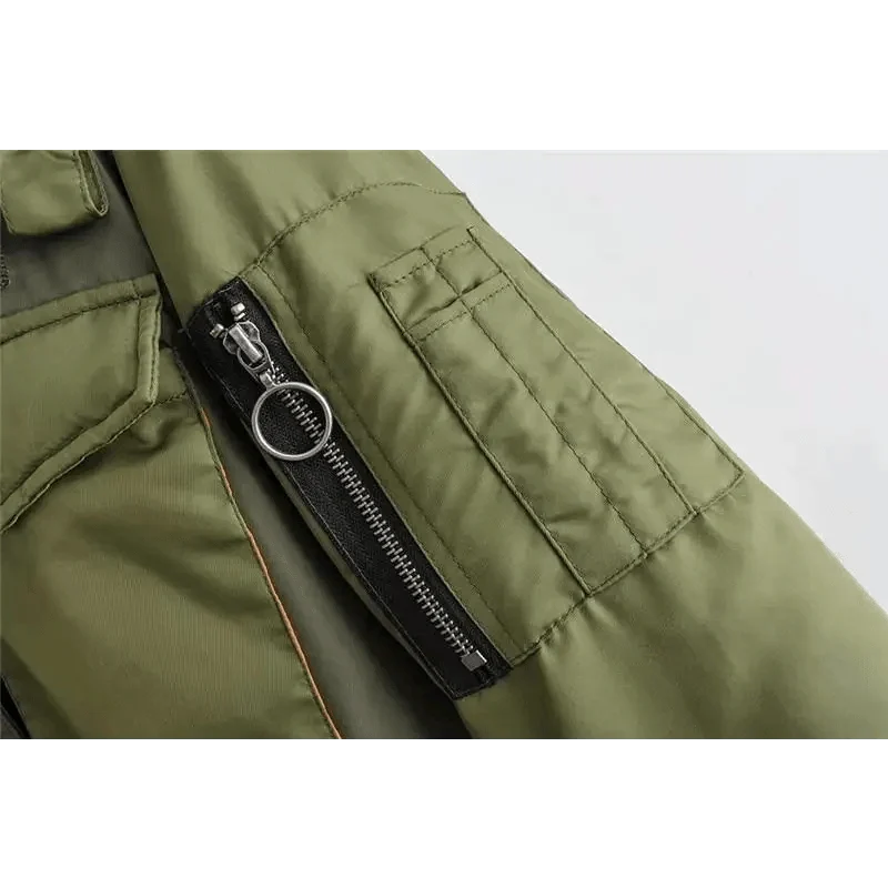 Stevvex olive green bomber jacket with zip pocket and metal ring pull on Tampa Home & Garden Store