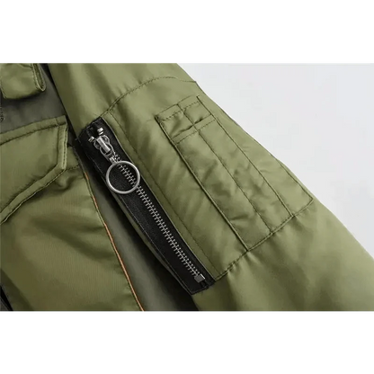 Stevvex olive green bomber jacket with zip pocket and metal ring pull on Tampa Home & Garden Store