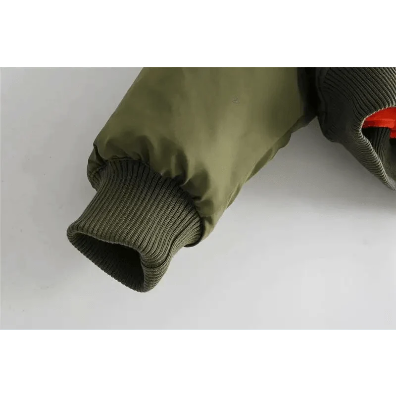 Stevvex olive green bomber jacket sleeve with ribbed cuff long sleeve zipper detail on Tampa Home & Garden Store