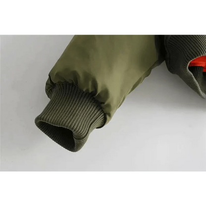 Stevvex olive green bomber jacket sleeve with ribbed cuff long sleeve zipper detail on Tampa Home & Garden Store