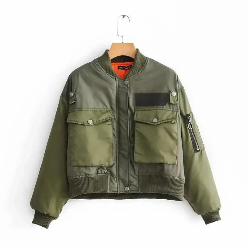 Stevvex green bomber jacket for women with two front pockets, zip front, ribbed hem on Tampa Home & Garden Store