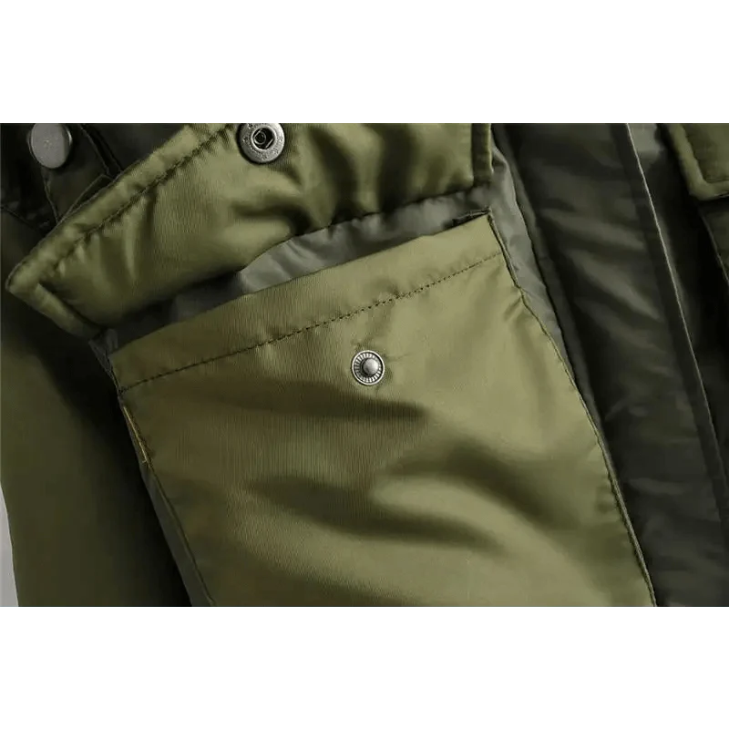 Olive green women's bomber jacket with snap-pocket and long sleeves on Tampa Home & Garden Store