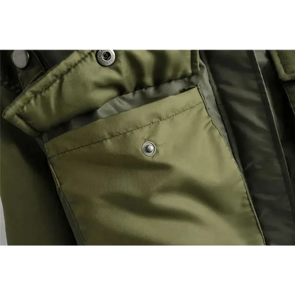 Olive green women's bomber jacket with snap-pocket and long sleeves on Tampa Home & Garden Store