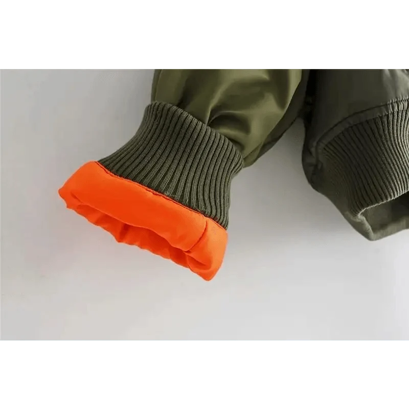 Stevvex green bomber jacket sleeve with orange inner lining and ribbed cuff on Tampa Home & Garden Store