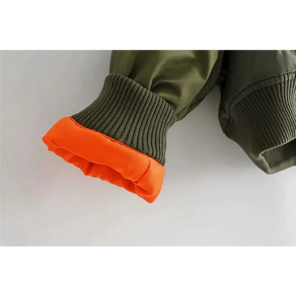 Stevvex green bomber jacket sleeve with orange inner lining and ribbed cuff on Tampa Home & Garden Store