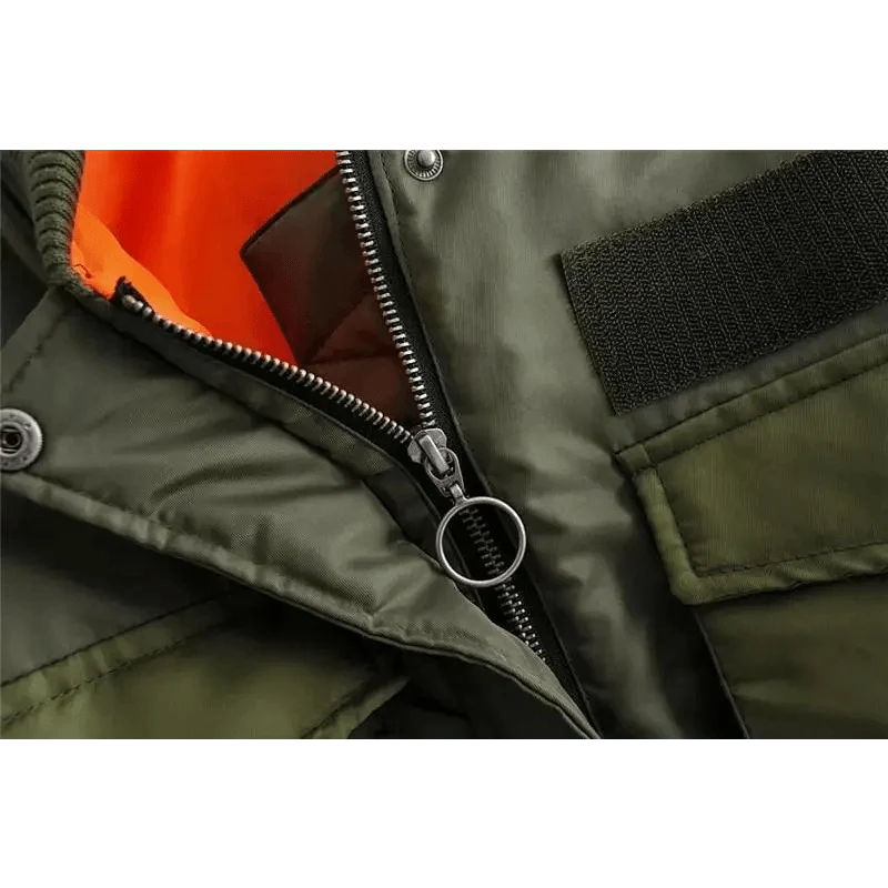Stevvex women's green bomber jacket with metal ring zipper pull and orange lining on Tampa Home & Garden Store