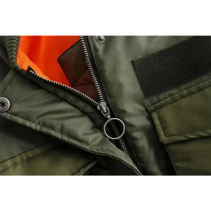 Stevvex women's green bomber jacket with metal ring zipper pull and orange lining on Tampa Home & Garden Store