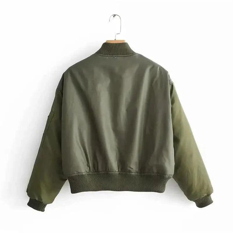 Stevvex green bomber jacket for women with zipper, ribbed cuffs and hem on Tampa Home & Garden Store