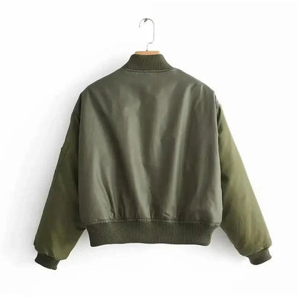 Stevvex green bomber jacket for women with zipper, ribbed cuffs and hem on Tampa Home & Garden Store