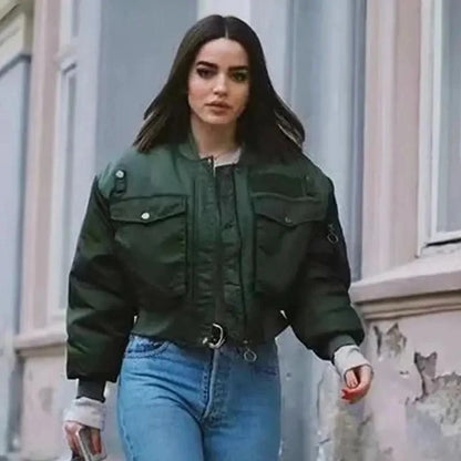 Stevvex green bomber jacket ST93341TSH with zipper, cropped short length on Tampa Home & Garden Store