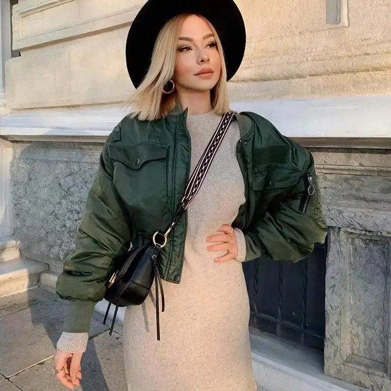 Stevvex green bomber jacket with oversized puff sleeves and zip front on Tampa Home & Garden Store