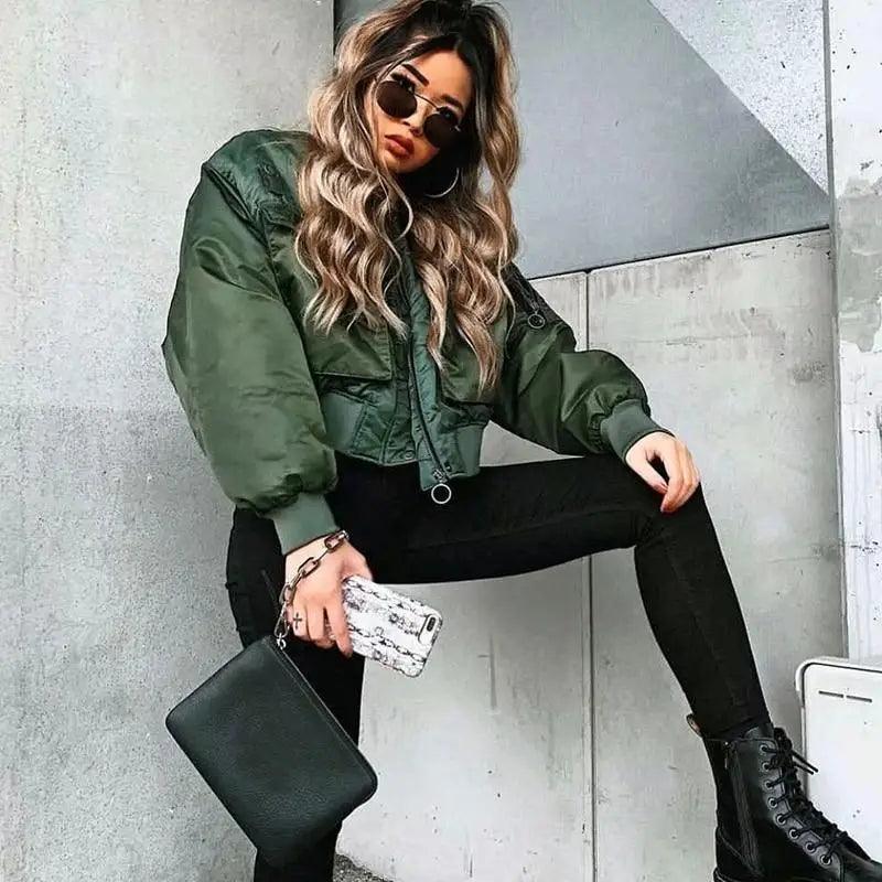 Stevvex green bomber jacket cropped quilted outerwear with zip closure, women's long sleeve on Tampa Home & Garden Store