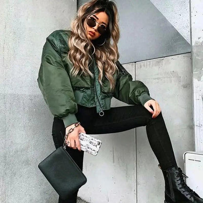 Stevvex green bomber jacket cropped quilted outerwear with zip closure, women's long sleeve on Tampa Home & Garden Store