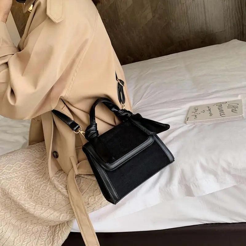 Stevvex New Classic Women's Shoulder Bag black leather handbag with knot-tied top handles on Tampa Home & Garden Store